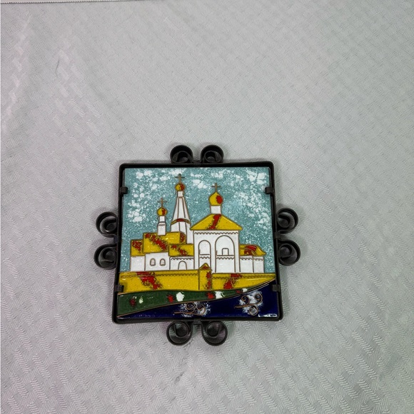 Vintage Russian Enamel Tile Trivet Wall Plaque with Wrought Iron Frame